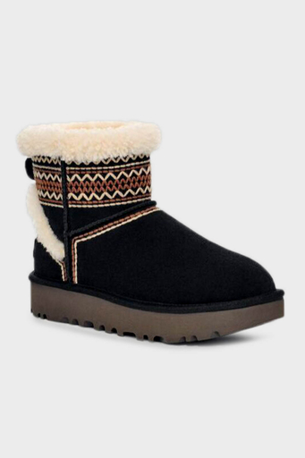 Ugg Klasik Mini Atherson İşlemeli Gerçek Yumuşak Tüylü Süet Bayan Bot 1158281 SİYAH