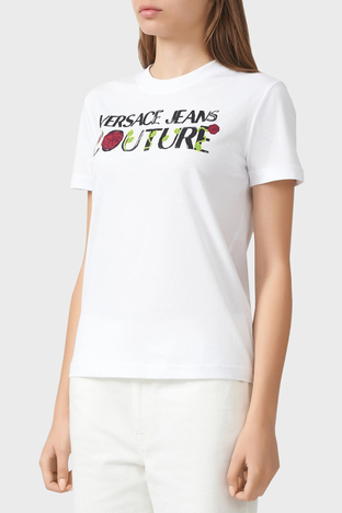 Versace Jeans Couture - Versace Jeans Couture % 100 Pamuk Bisiklet Yaka Regular Fit Bayan T Shirt 74HAHT15 CJ00O 003 BEYAZ