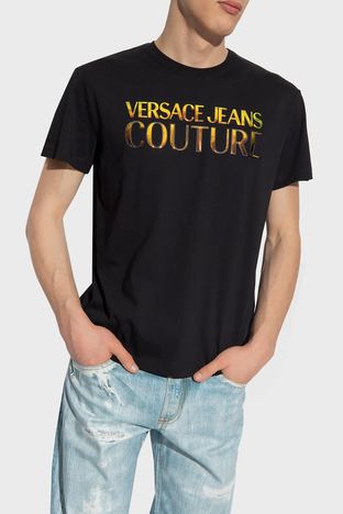 Versace Jeans Couture - Versace Jeans Couture % 100 Pamuk Holografik Logolu Bisiklet Yaka Regular Fit Erkek T Shirt 74GAHG06 CJ00G G89 SİYAH