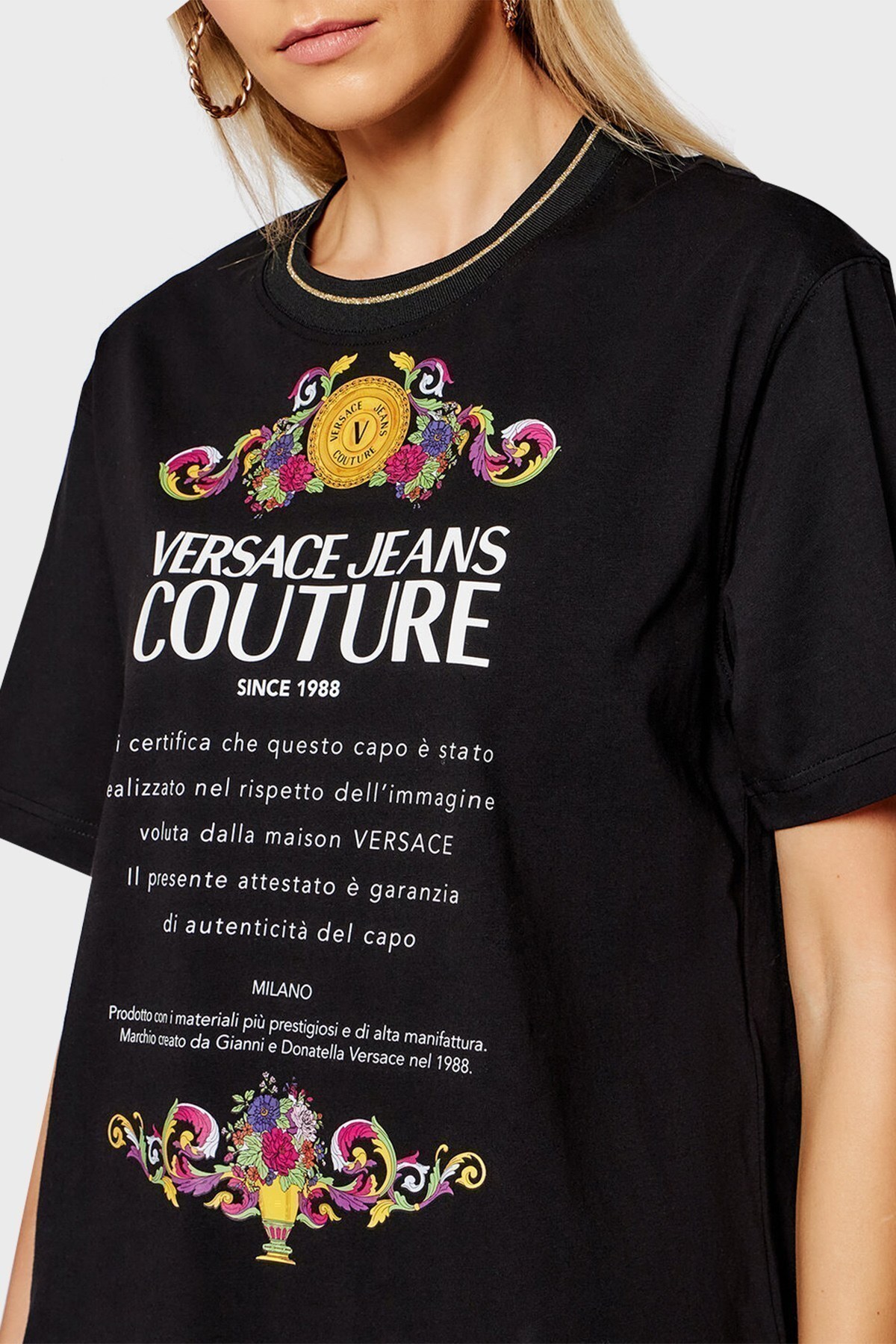 Versace Jeans Couture Baskılı Bisiklet Yaka % 100 Pamuk Bayan T Shirt B2HWA7TE 30319 899 SİYAH