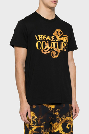 Versace Jeans Couture - Versace Jeans Couture Logolu Bisiklet Yaka Pamuklu Slim Fit Erkek T Shirt 76GAHG00 CJ00G G89 SİYAH-GOLD