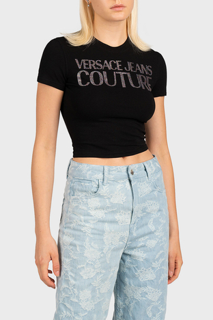 Versace Jeans Couture - Versace Jeans Couture Logolu Pamuklu Bisiklet Yaka Slim Fit Crop Bayan T Shirt 73HAHT05 CJ03T 899 SİYAH