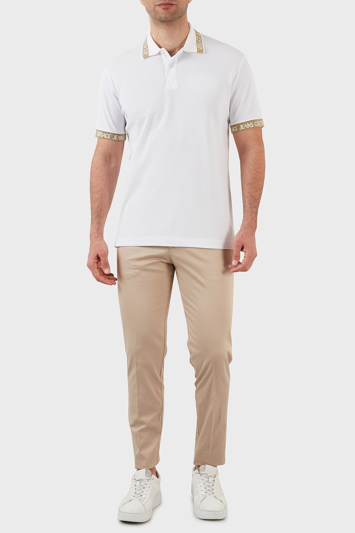 Versace Jeans Couture Slim Fit Pamuklu Düğmeli T Shirt Erkek Polo 71GAGT10 CJ01T G03 BEYAZ