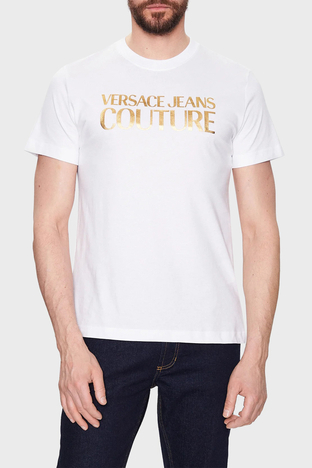 Versace Jeans Couture - Versace Jeans Couture Pamuklu Logo Baskılı Bisiklet Yaka Regular Fit Erkek T Shirt 74GAHT01 CJ00T G03 BEYAZ