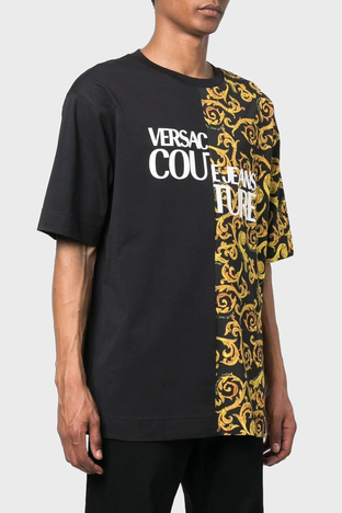 Versace Jeans Couture - Versace Jeans Couture Pamuklu Oversize Bisiklet Yaka Erkek T Shirt 74GAHE06 CJ00E G89 SİYAH-GOLD