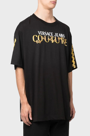 Versace Jeans Couture - Versace Jeans Couture Pamuklu Oversize Erkek T Shirt 75GAHF01 CJ00F G89 SİYAH GOLD
