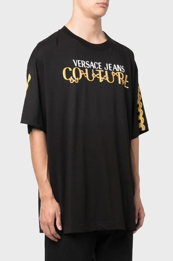 Versace Jeans Couture Pamuklu Oversize Erkek T Shirt 75GAHF01 CJ00F G89 SİYAH GOLD