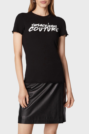 Versace Jeans Couture - Versace Pamuklu Esnek Slim Fit Bisiklet Yaka Bayan T Shirt 73HAHT15 CJ03O 899 SİYAH